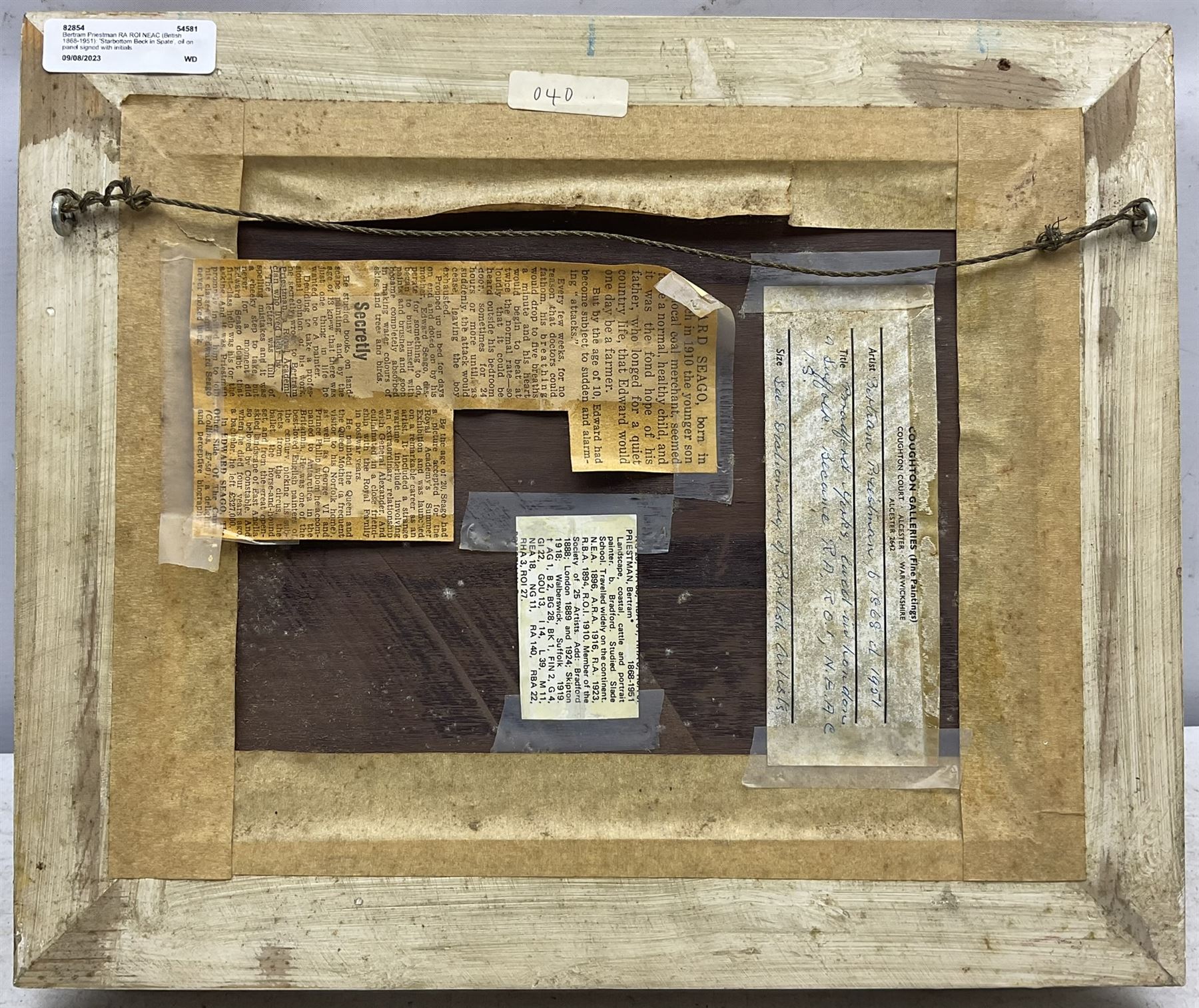 Bertram Priestman RA ROI NEAC (British 1868-1951): 'Starbottom Beck in Spate', oil on panel signed with initials and indistinctly dated '15?, 20cm x 26cm 
Provenance: private East Yorkshire collection, purchased Sotheby's Billingshurst 22nd February 2000 Lot 856; exh. Coughton Galleries, Alcester, label verso; exh. 'Bertram Priestman RA', Cartwright Hall, Bradford & Ferens Gallery, Hull, 1981, No.81