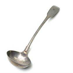 Britannia metal flagon by James Dixon & Sons with scroll handle and hinged lid H35cm and a silver plated fiddle pattern soup ladle (2)