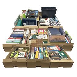 Eight boxes of various CDs, books etc to include hardbacks and reference books