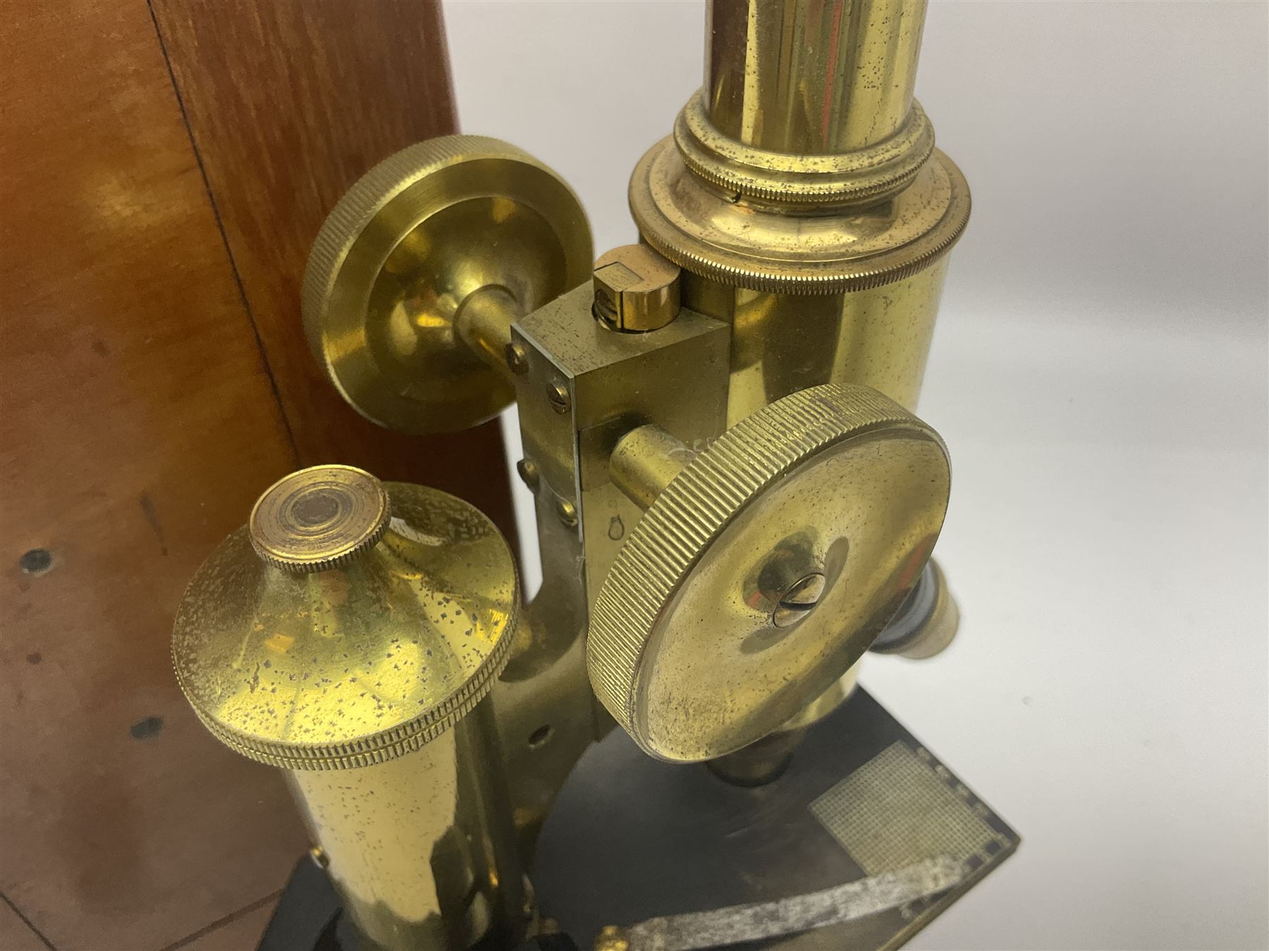 Brass lacquered microscope, by J. Swift & Son, London, in wooden carry cas no 13749, 