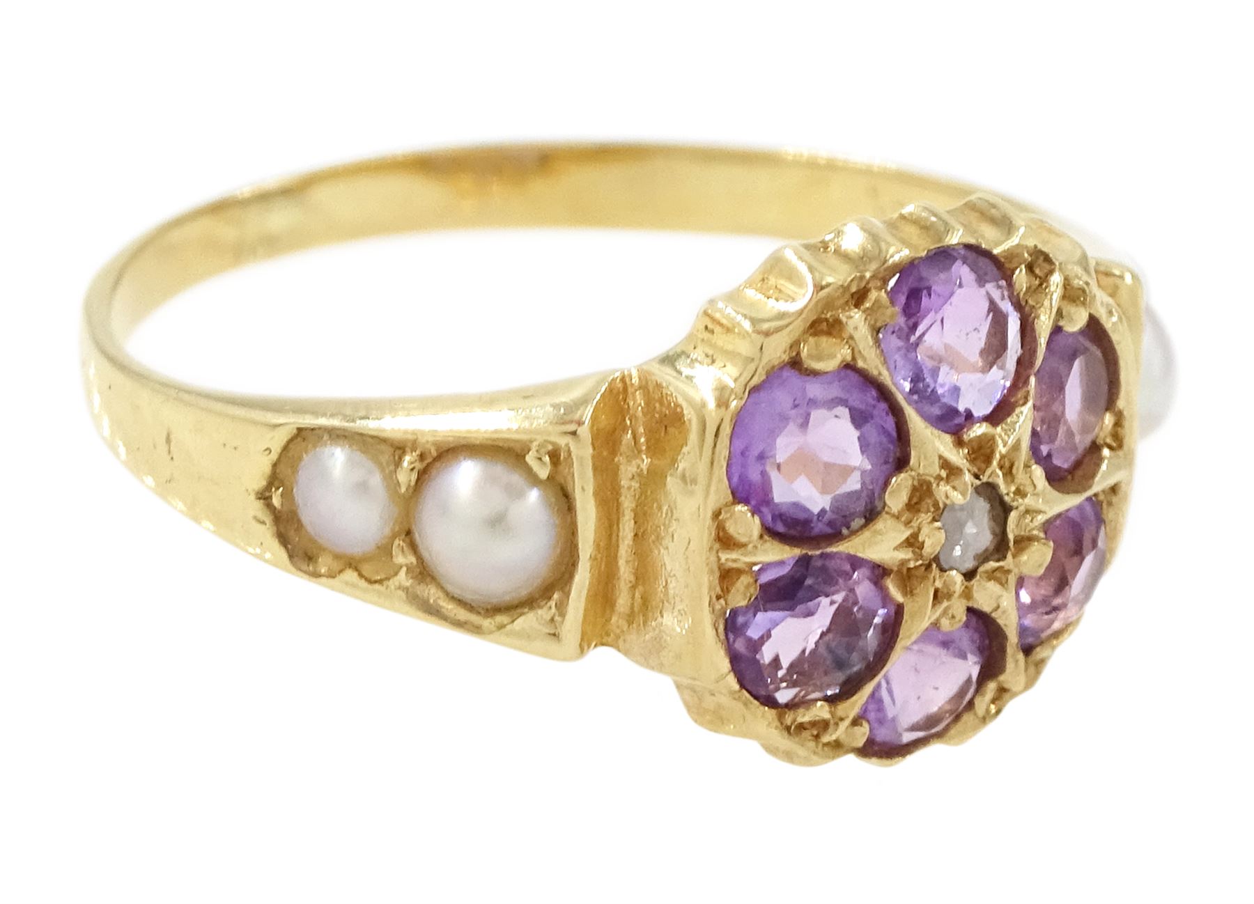 14ct gold amethyst, diamond and pearl ring, single rose cut diamond, surrounded by six round cut amethysts, the shoulders with two split pearls set either side