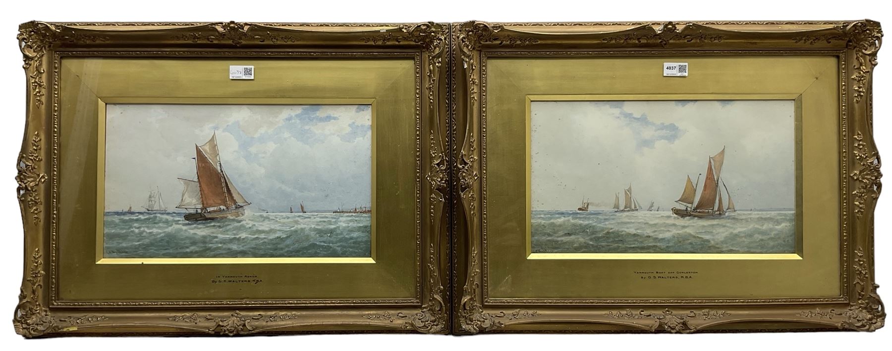 George Stanfield Walters (British 1838-1924): 'In Yarmouth Roads' and 'Yarmouth Roads off Gorleston', pair watercolours signed, titled on the original mounts 25cm x 43cm (2)