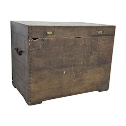 Early 20th century oak blanket chest, of rectangular form with iron strap hinges and surface-mounted drop handles, the interior fitted with iron lid stays, on bracket feet