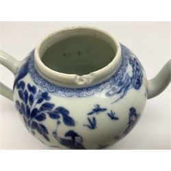 Two late 18th/early 19th century Chinese export teapots, the largest example of globular form with curved handle and straight spout, decorated in the Mandarin style with figural scenes surrounded by red scale reserves, H13.5cm, the second smaller example decorated in underglaze blue with two musicians in a landscape set with willow tree and fence, H10.5cm

