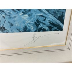 Five limited edition framed coloured prints of shooting interest comprising after C. Stanley Todd game birds taking flight in a mountainous lake landscape no.348/600; after J.C. Harrison game birds in flight over fields no.285/500; after Alan B. Hayman  'A Right and Left?' no.398/850; after Andy Beck 'Pheasant Drive' no.56/350; and after Leo Stans 'Autumn Air'; all signed on the mount; various frames (5)