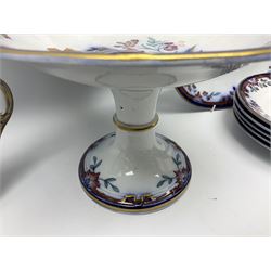 Victorian Wedgwood part dessert service, comprising comport, three circular and two oval tazzas, and ten plates, decorated with flowers in the Imari palette, each impressed beneath Wedgwood Pearl and with pattern number 4003 in iron red, comport H18.5cm, plates D23cm