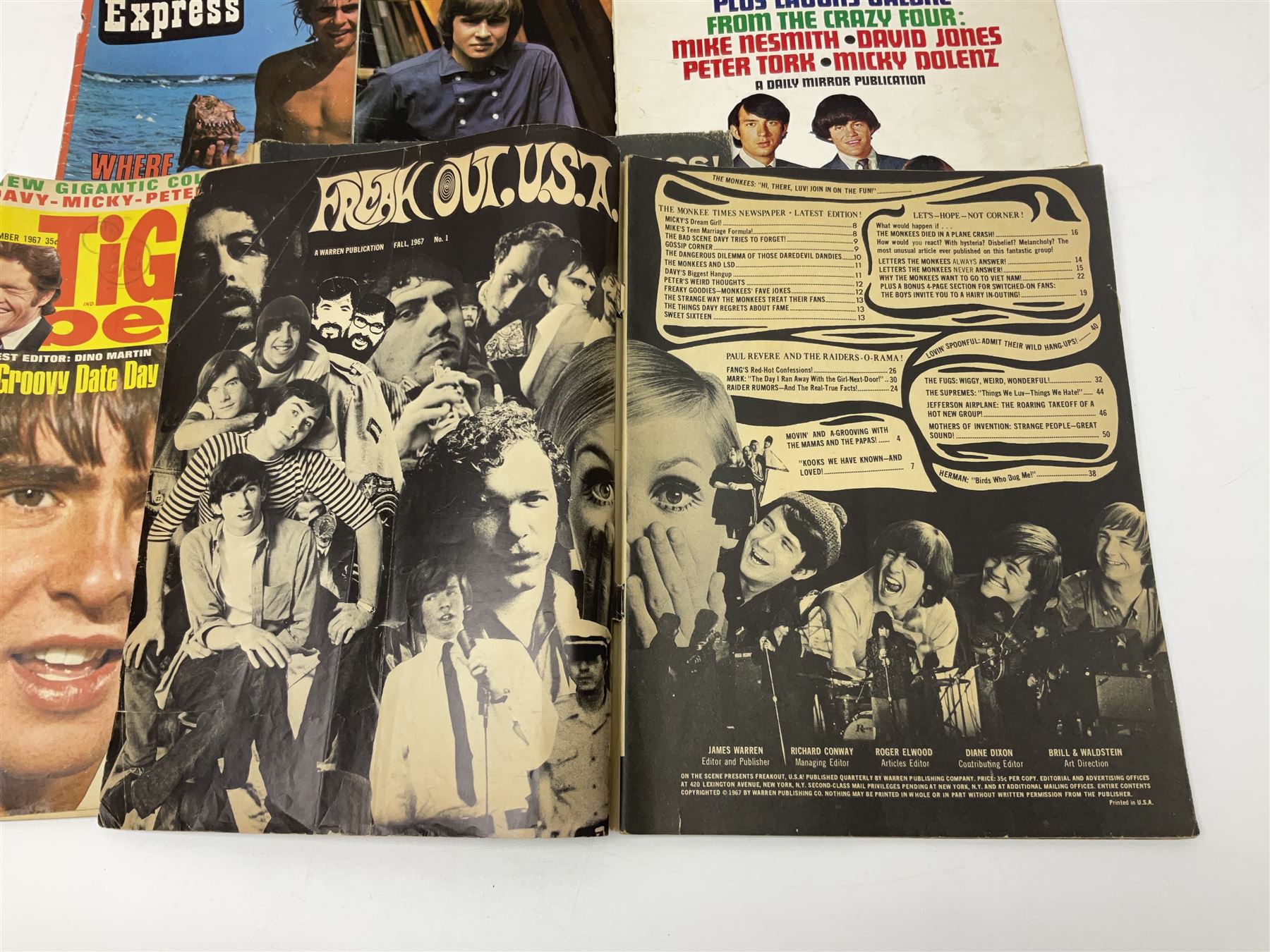 Monkees memorabilia - 'Monkees Monthly' magazine almost complete run from No.1 Feb 67 to No.31 Aug 69 (lacking nos.29 and 32); the cover of No.1 signed by all four members of the group during their 1997 Reunion Tour; quantity of A&BC bubble gum cards; programme for their only UK live performance in 1967 at Empire Pool Wembley; and other related late 1960s music magazines/paperback book