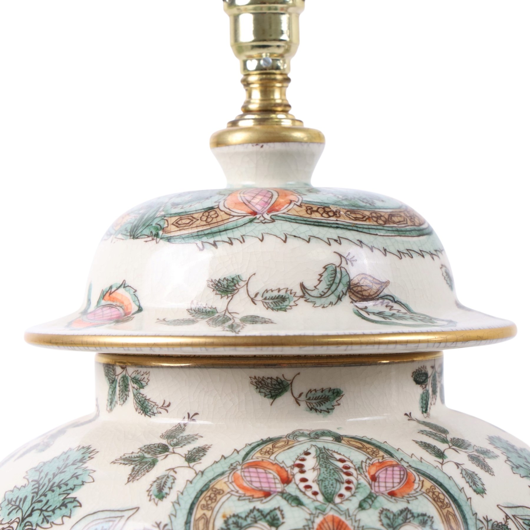 Pair of table lamps, decorated with foliate patterns upon a cream ground, H48cm
