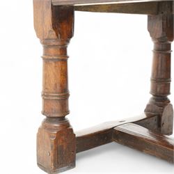 Jacobean design elm and oak refectory dining table, rectangular three plank top with cleated ends, moulded frieze rails on turned supports united by moulded stretcher rail