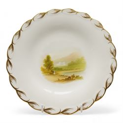 Set of six Victorian porcelain plates, each hand painted with rural landscapes, within scallop egde borders, pattern no. 122 and impressed Rd. marks, D22.5cm (6)