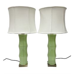 Pair of table lamps in the form of bamboo upon a square base, including shade H71cm