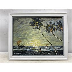 K Jinadasa (Sri Lankan 20th century): Sunset on the Coast, oil on canvas board signed 29cm x 38cm 