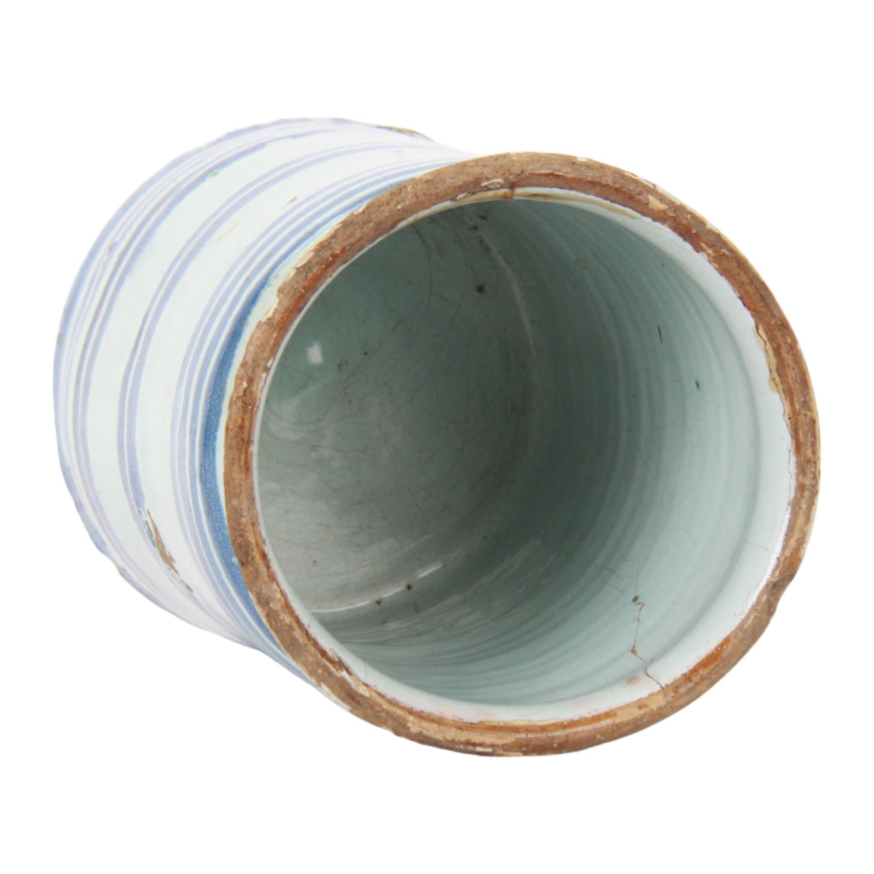 18th century English Delft blue and white drug jar, circa 1720-1760, probably London, of cylindrical form with short everted rim, painted with concentric blue bands, bearing Christie's lot label, H18cm D14cm

Provenance:
Lot 1601, British and Continental Ceramics and Glass, Christie's, 7th September 2006
From the collection of Lady Ottoline Morrell, Garsington Manor, Oxford