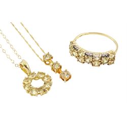 Gold citrine ring and two gold citrine pendant necklaces, all 9ct