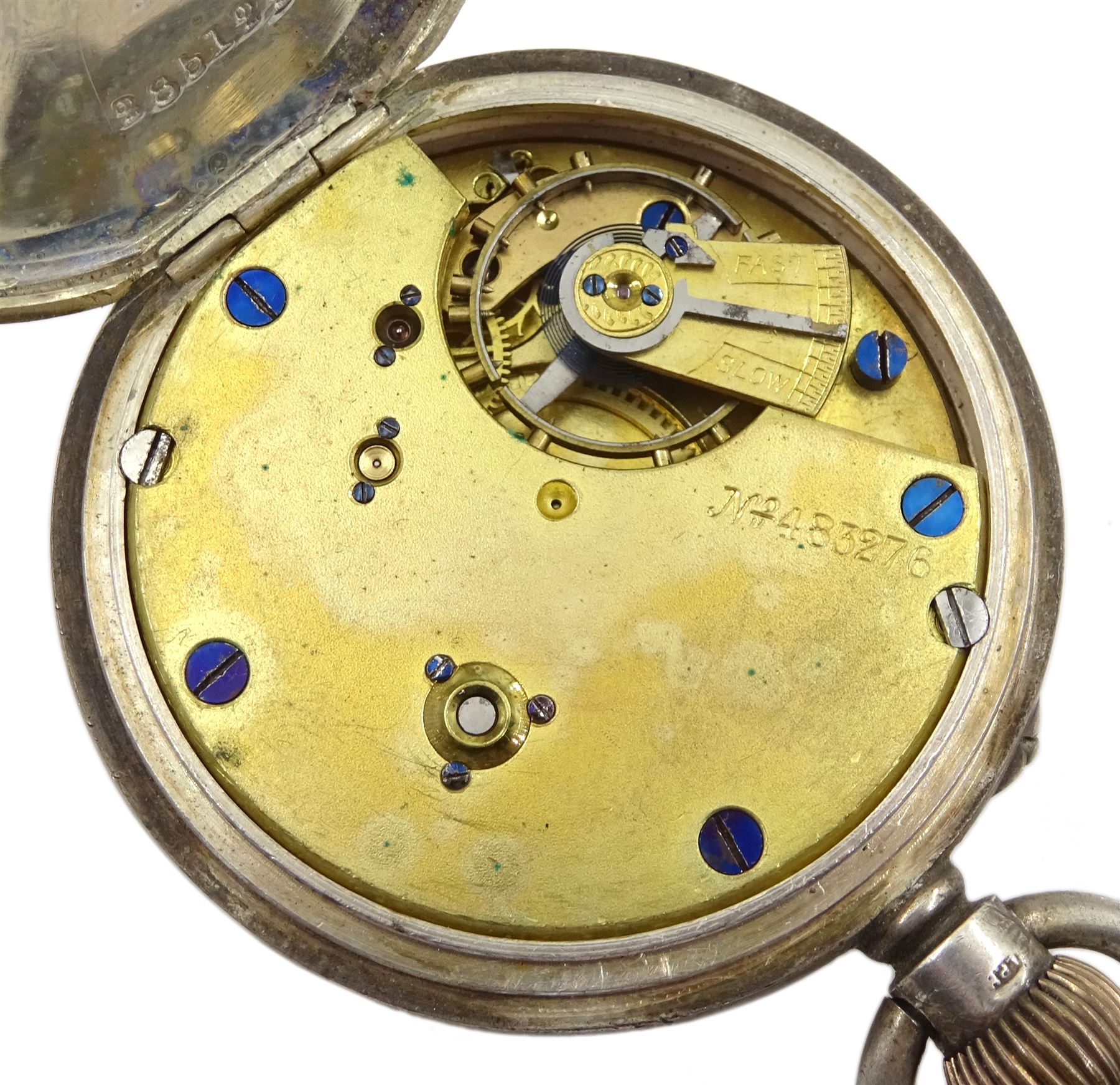 Silver open face keyless lever pocket watch by Toll & Courtis Cape Town, Chester 1900, with tapering silver Albert chain with t-bar and clip, by Joseph Sewill, Birmingham 1895 and silver lighter by Joseph Gloster Ltd, Birmingham 1911
