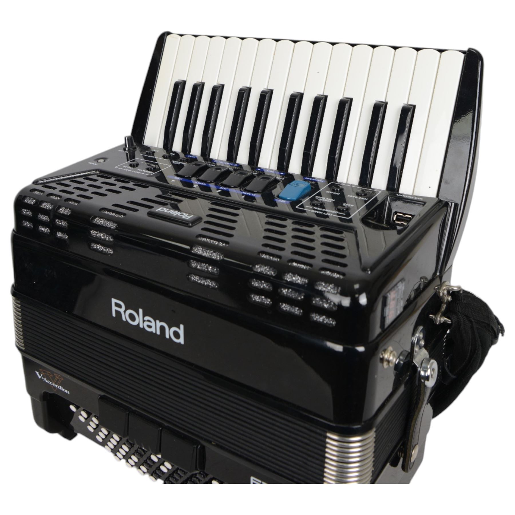  Roland FR-1X piano accordion (uncased)13 fold bellows two octave keyboard with 26 keys, 72 buttons, classic, jazz,ensemble, brass, wind, piano, and guitar samples. With a Roland BK-7m Backing Module, leads and tutorials.