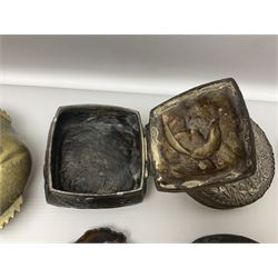 Brass sunfish ashtray, Chinese silver plated trinket box with mirror, bronzed matchbox cover and a collection of other Oriental bronzed embossed metal trays