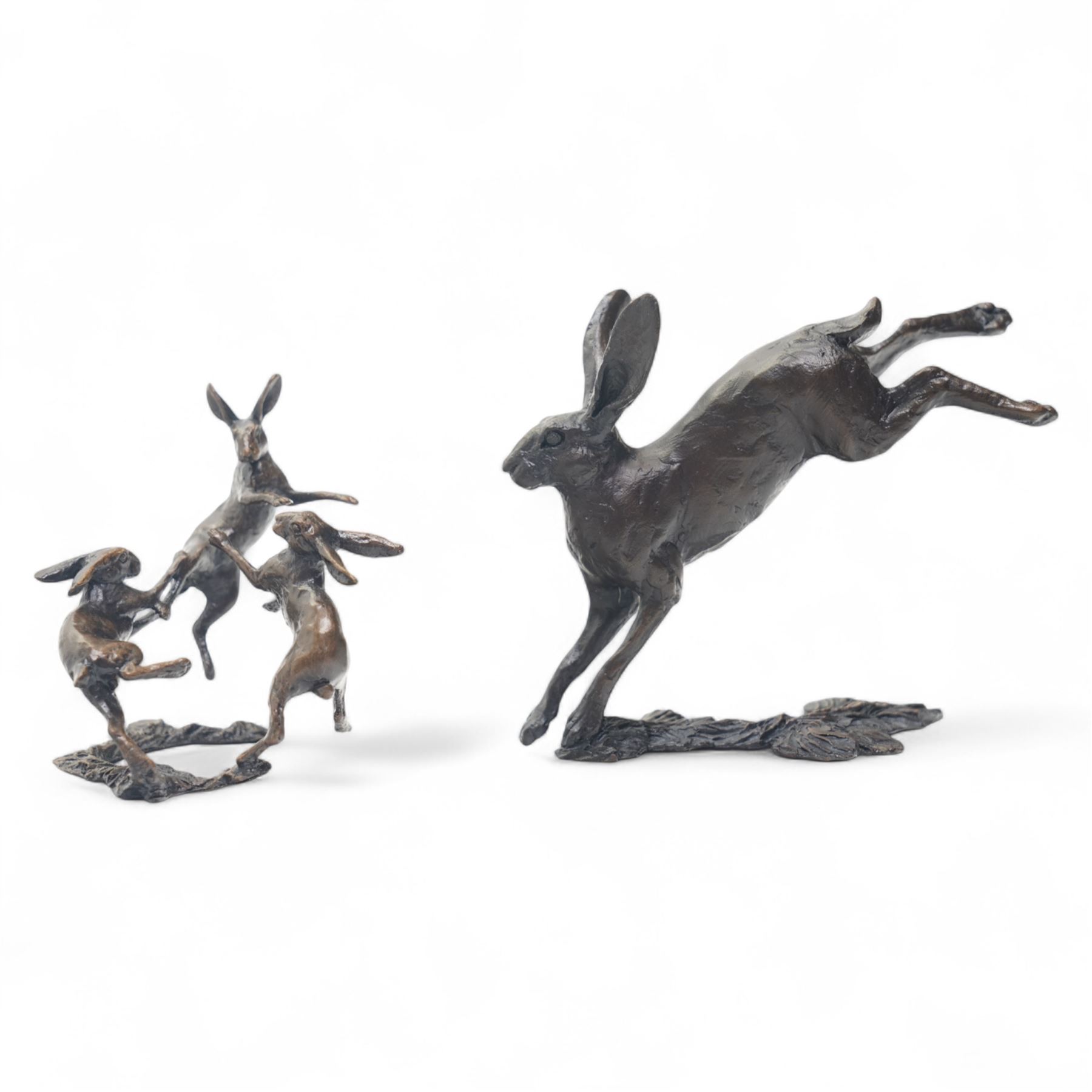 Michael Simpson (British Contemporary): Leaping Hare and Three Hares Dancing, two bronzes, one limited edition signed and numbered 273/350 to base, the other apparently unsigned, larger H7cm (2)