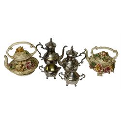 Two Capodimonte teapots, with floral decoration together with a silver plated coffee service
