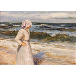 Robert Jobling (Staithes Group 1841-1923): Staithes Fishergirl Looking Out to Sea, oil on ...