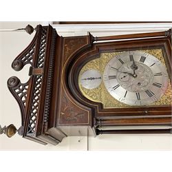 19th century mahogany longcase clock with painted decoration, the hood with scroll and fret work pediment over dentil cornice, the spandrels decorated with scroll foliage and harebell painted detail, brass and silvered dial with strike silent lever and plate inscribed 'Jno (John) Walker, Newcastle', Roman and Arabic chapter ring, the dial engraved with scrolls and owl and cock figures, subsidiary seconds and calendar aperture, eight day movement striking on bell, the canted case with fluted corners flanking trunk door painted with central urn surrounded by trailing foliage 