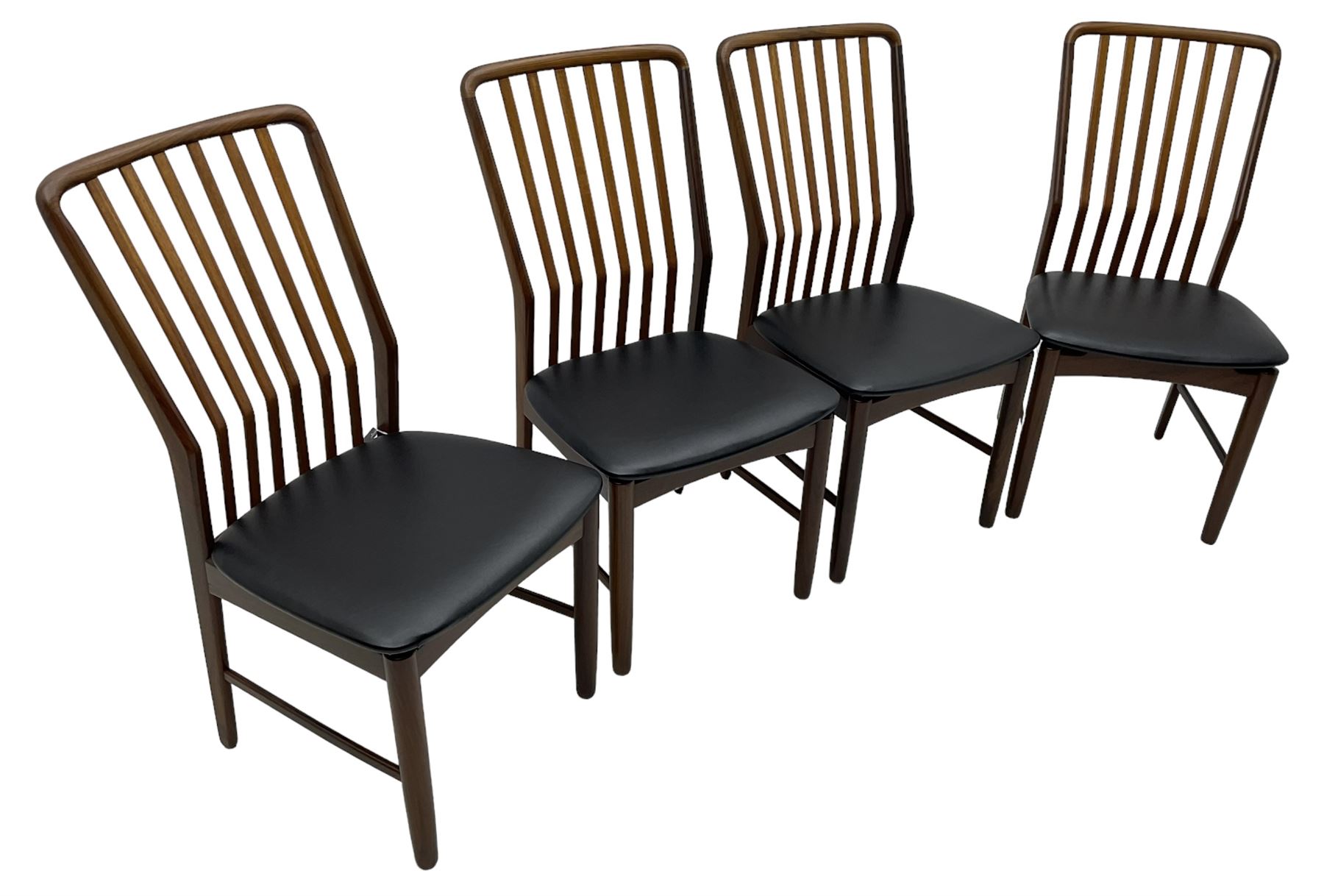 Svend Aage Madsen for Moreddi - set of four teak dining chairs, angular vertical slat back over upholstered seat, on turned front supports 