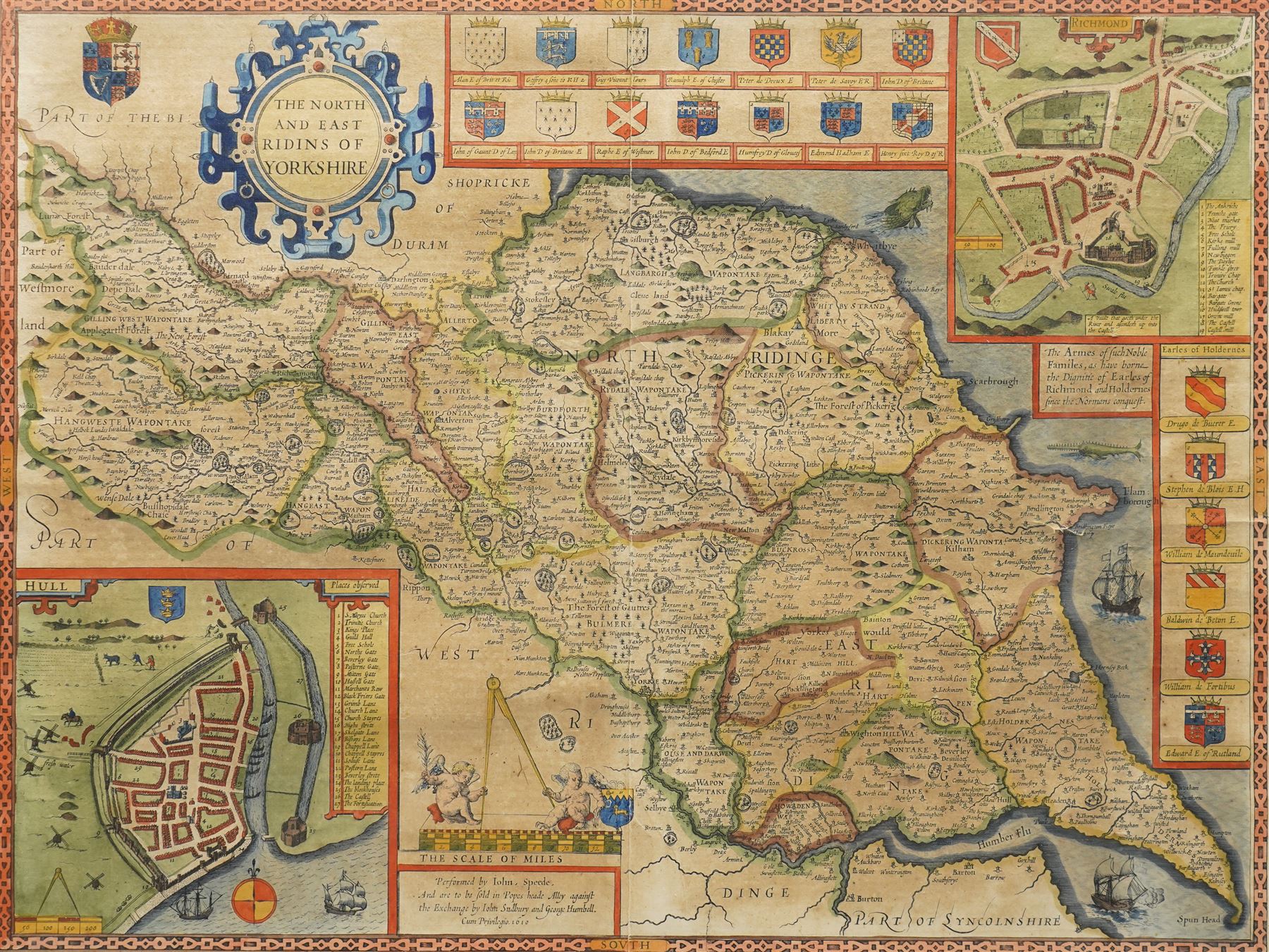 John Speed (British 1552-1629): 'The North and East Ridings of Yorkshire', 17th century engraved map with hand-colouring with inset plans of Richmond and Hull and numerous armorials, Latin text verso pub. by John Sudbury & George Humble c.1611-1616, 47cm x 55cm
