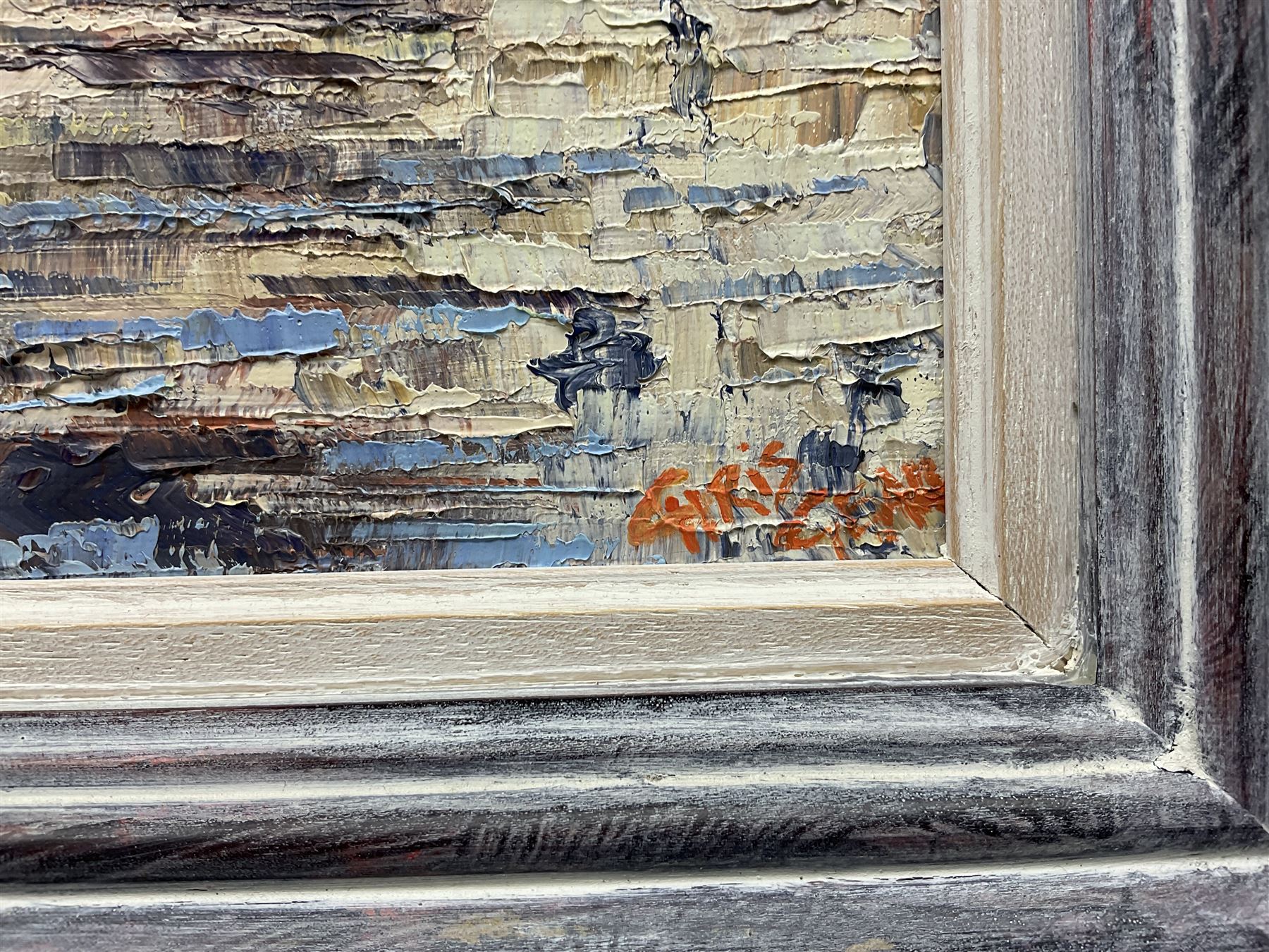 Chris Geall (British 1965-): Whitby Quayside, impasto oil on canvas signed 26cm x 36cm