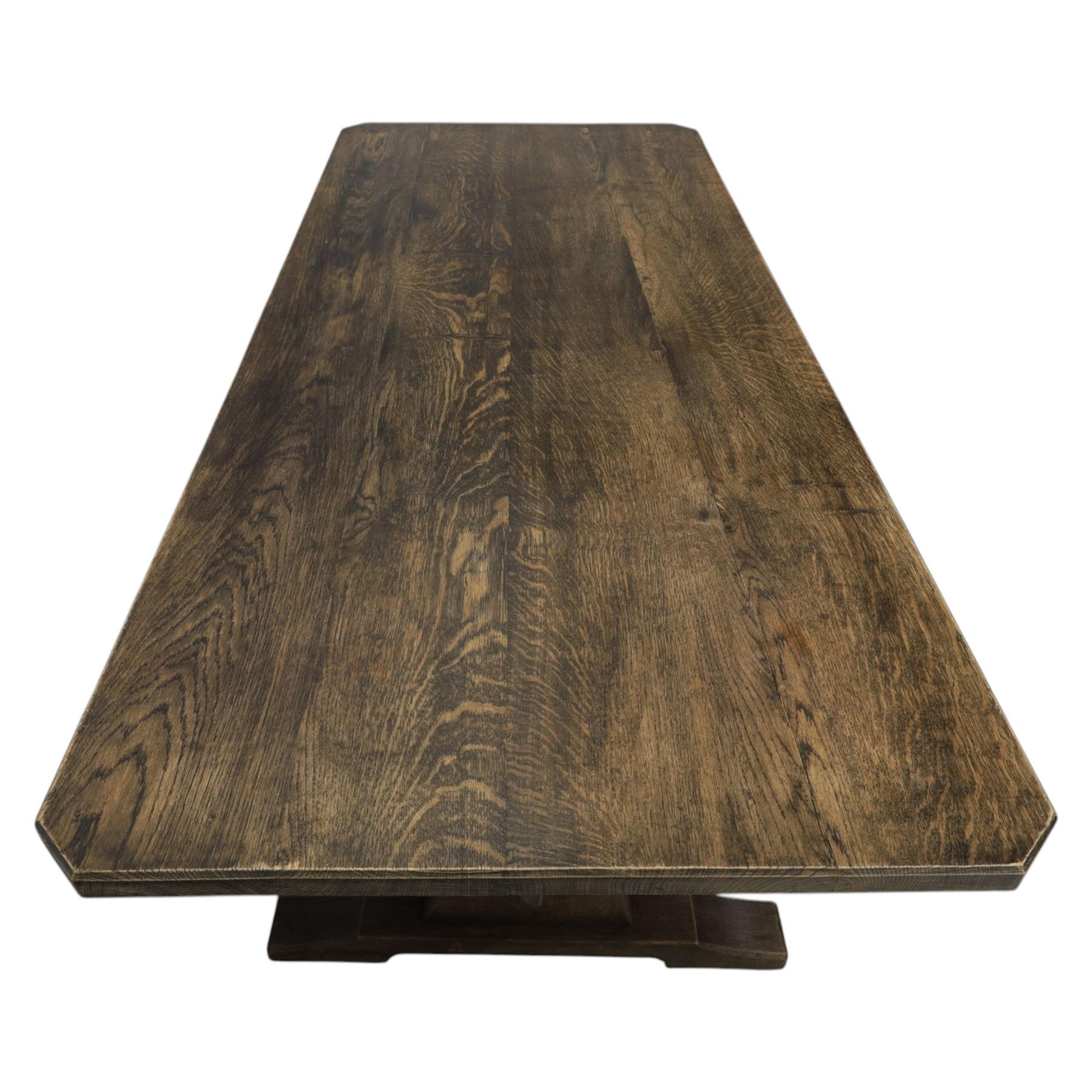 Acorn Industries - country oak kitchen or dining table, rectangular top with canted corners, shaped pedestals with joining pegged stretcher, Acornman signature