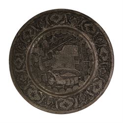 Set of four Persian silvered copper plates, decorated in relief, the central panel depicting figures in various scenes with a floral boarder, D17cm
