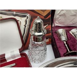 Silver plated Calibri lighter, in the form of a twin handled vase with mask handles, together with a pair of silver plated candle sticks, horn handled carving set with hallmarked silver ferrules and other silver plated items