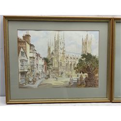F Bownas (British 20th century): Winter Shepherding and View of Canterbury Cathedral from South West, pair watercolours signed, latter dated 1979, 26cm x 37cm (2)
