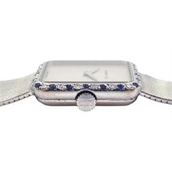 Tiffany & Co ladies 18ct white gold manual wind wristwatch, movement by Chopard, diamond and sapphire bezel, case stamped 18K with Helvetia hallmark, on 18ct white gold integral bracelet, stamped 750