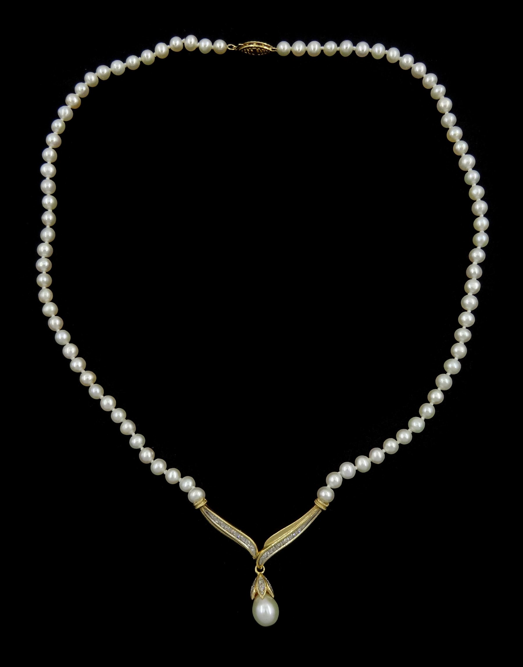14ct gold pearl and round brilliant cut diamond necklace, suspending from a single strand cultured white pearl necklace, with gold clasp