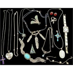 Collection of silver jewellery including feather necklace, turquoise and marcasite bug brooch, mother of pearl quartz wristwatch, Mackintosh design blue topaz necklace, chains heart pendant necklace etc all stamped or tested