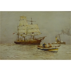  Sailing Vessells at Sea, Edwardian colour print after Charles William Adderton (British 1866-1944) and Fishing Boats at Sea, colour print both in period oak frames 22cm x 33cm (2)  
