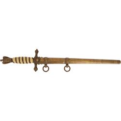 WWII German Third Reich Kriegsmarine naval dagger, with 24cm double edged blade engraved to both sides, the ricasso marked EuF Horster Solingen, 
with eagle pommel and wirebound ivorine celluloid handle, in brass engraved scabbard, overall L41cm