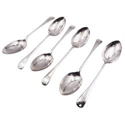 Set of six early 20th century silver Old English pattern table spoons, with engraved monogram to terminals, hallmarked Joseph Rodgers & Sons, Sheffield 1911, L22cm, approximate total weight 14.57 ozt (453.3 grams)