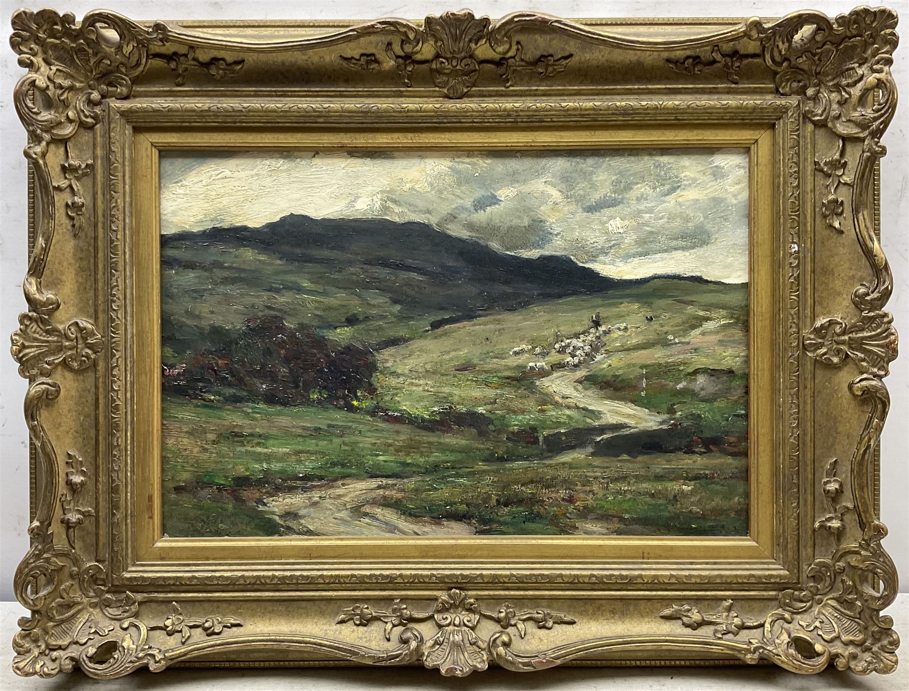 Owen Bowen (Staithes Group 1873-1967): 'Nightfall' - Driving the Flock, oil on panel signed 28cm x 42cm 
Provenance: private collection, purchased 'A Passion for Paintings - The Yorkshire Collection of Claire & Bert Rendall', Pannett Art Gallery, Whitby 2013. Herbert Rendall (1927-2007) was a prodigious collector of Yorkshire artists.