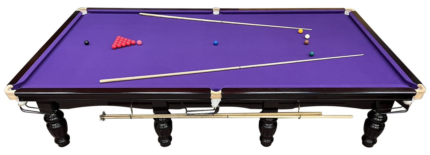 Riley - full-sized 12' x 6' slate bed snooker table, mahogany frame with purple baize, raised on turned and fluted baluster supports, recently refurbished; together with, cues, scoreboard, cover, snooker and pool balls
