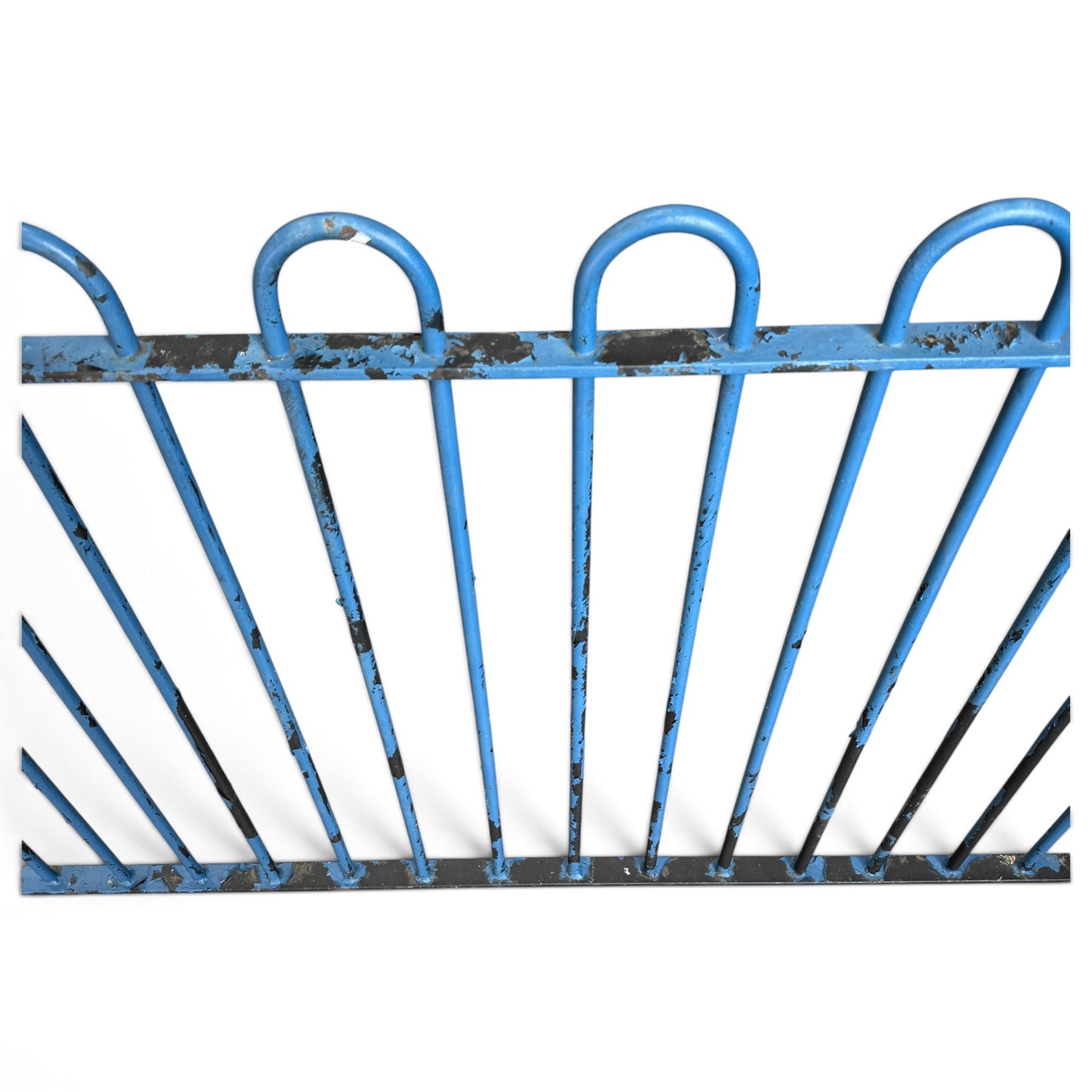 Two sections of painted iron garden or estate boundary railing, comprising a 19th century wrought iron section with graduated spearhead uprights, together with a later hoop-top section with ball-finial end posts, both in blue painted finish