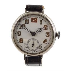 WWI silver trench watch, white enamel dial with Arabic numerals and subsidiary seconds dial, case by Stockwell & Co, London import mark 1915
