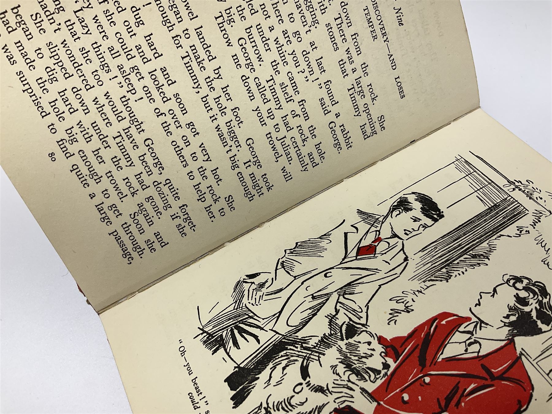 Blyton Enid: Five on Kirrin Island Again, first edition, Hodder & Stoughton, 1947, colour frontispiece, tinted plates and plain illustrations to text, pictorial endpapers, original red boards lettered in black in dust jacket (6/-, with telescope the wrong way round)