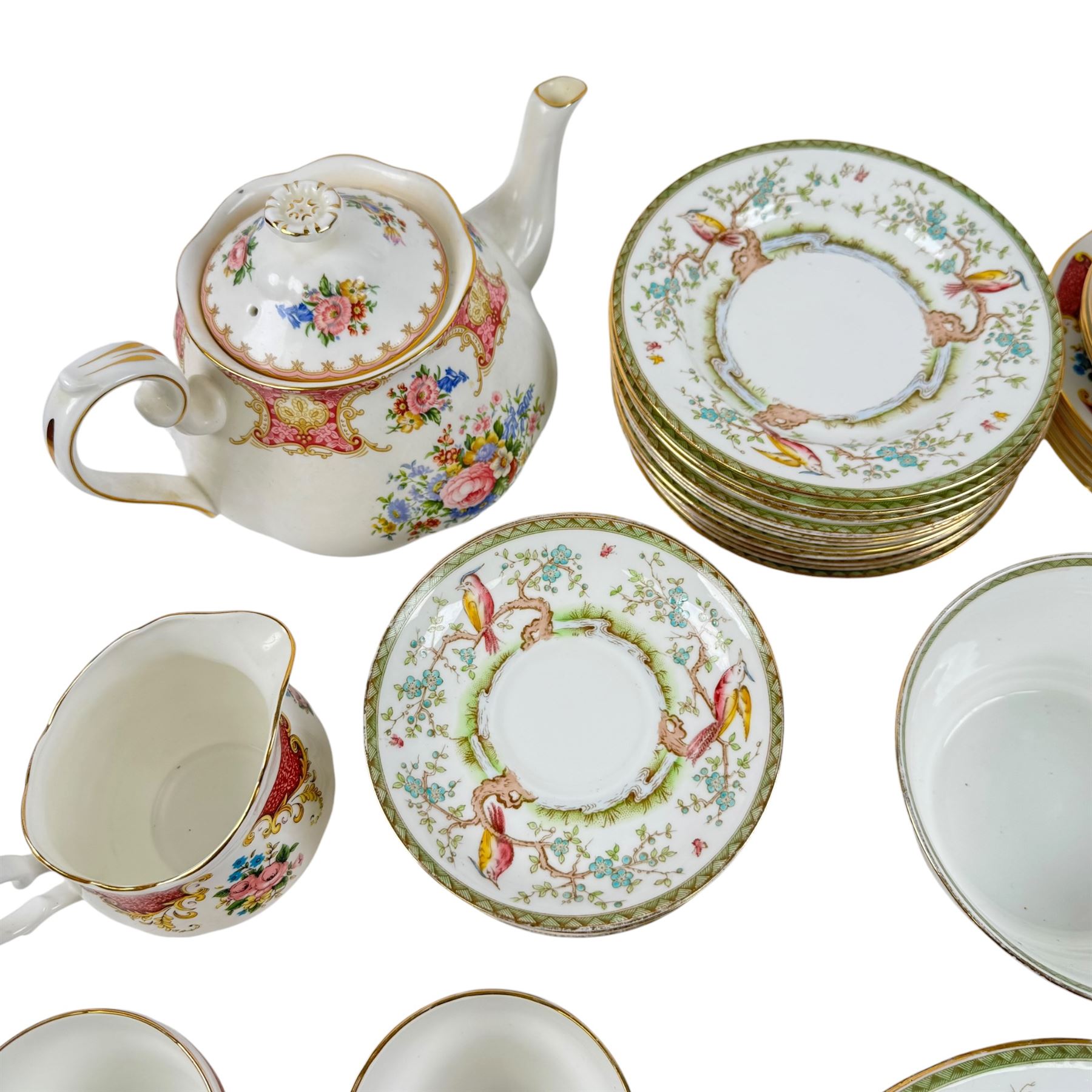 Collection of tea service ceramics, to include Wedgewood Jasperware teapot, milk jug and sugar bowl, together with Royal Albert Lady Carlyle teapot and a large collection of Royal Sutherland and Adderley's teacups and saucers