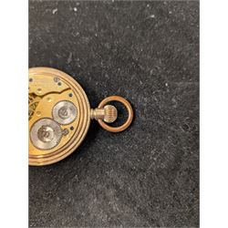 Waltham USA gold plated full hunter pocket watch, the white enamel dial with subsidiary seconds dial, the front cover engraved and embossed with blank cartouche in a floral border, the back cover engraved with stag