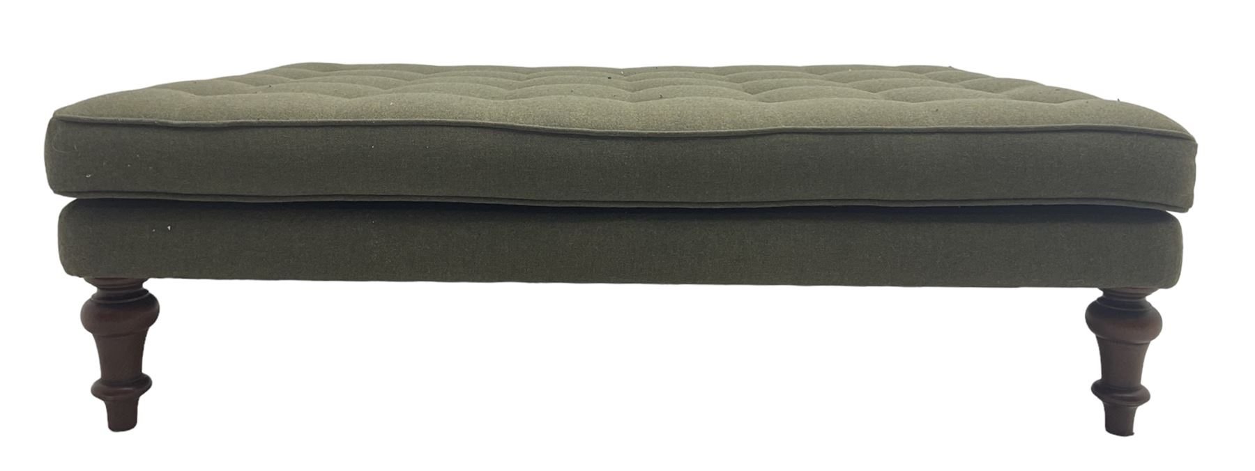 Peter Silk of Helmsley - large rectangular footstool upholstered in buttoned green tweed fabric, on turned mahogany feet