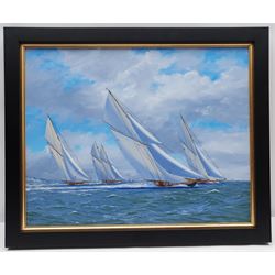 George Drury (British 1950-): 'Britannia Racing on the Solent with White Heather, Westward and Lulworth', oil on board signed, titled verso 37cm x 47cm