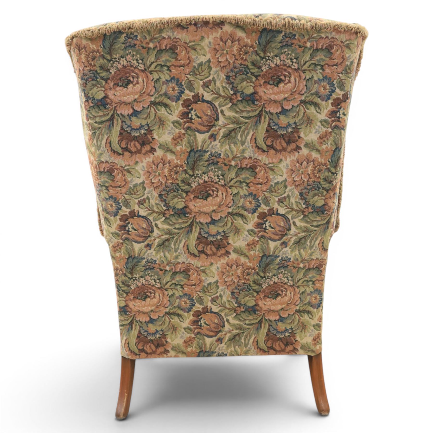 Parker Knoll - pair of mid-20th century wing back armchairs, upholstered in tapestry fabric, raised on cabriole legs
