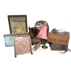 Cased Columbia record player with Bakelite tone arm, H16.5cm W38cm, and a further turntable with Collaro AC47 electric turntable motor, together with needlework firescreen, mirrors, coal box, brass lamp etc