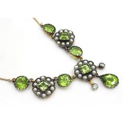 Peridot, seed pearl and diamond gold and silver-gilt necklace, stamped 375